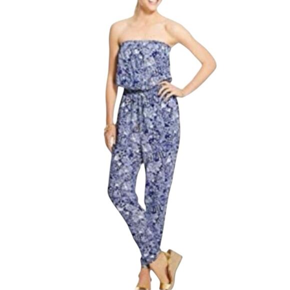 Lilly Pulitzer New Jumpsuit Strapless Jogger Pant Blue Print Women’s Size Small - Picture 1 of 14